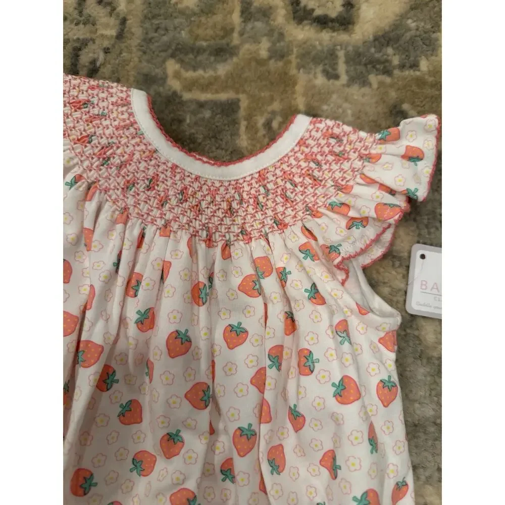 Baby Loren Sz 3-6 Baby Girl Smocked Strawberry Bubble 100% Pima Cotton NWT - Picture 3 of 12